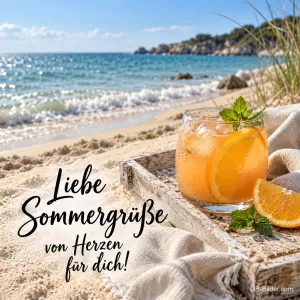 Orangensaft im Sand am Meer, Text: Liebe Sommergrüße von Herzen für dich!