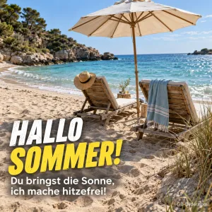Liegestühle unter Sonnenschirm am Strand, lustiger Text: Hallo Sommer!