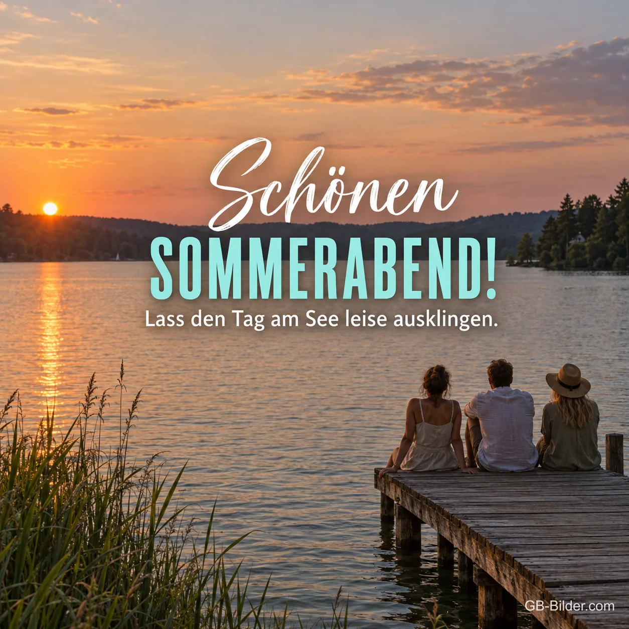 Freunde auf dem Steg im Sonnenuntergang, Text: Schönen Sommerabend! Freunde auf dem Steg im Sonnenuntergang, Text: Schönen Sommerabend!
