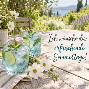 Eiswasser mit Limette und Margeriten, Text: Ich wünsche dir erfrischende Sommertage!