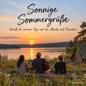 Freunde am Zelt am See, Text: Sonnige Sommergrüße