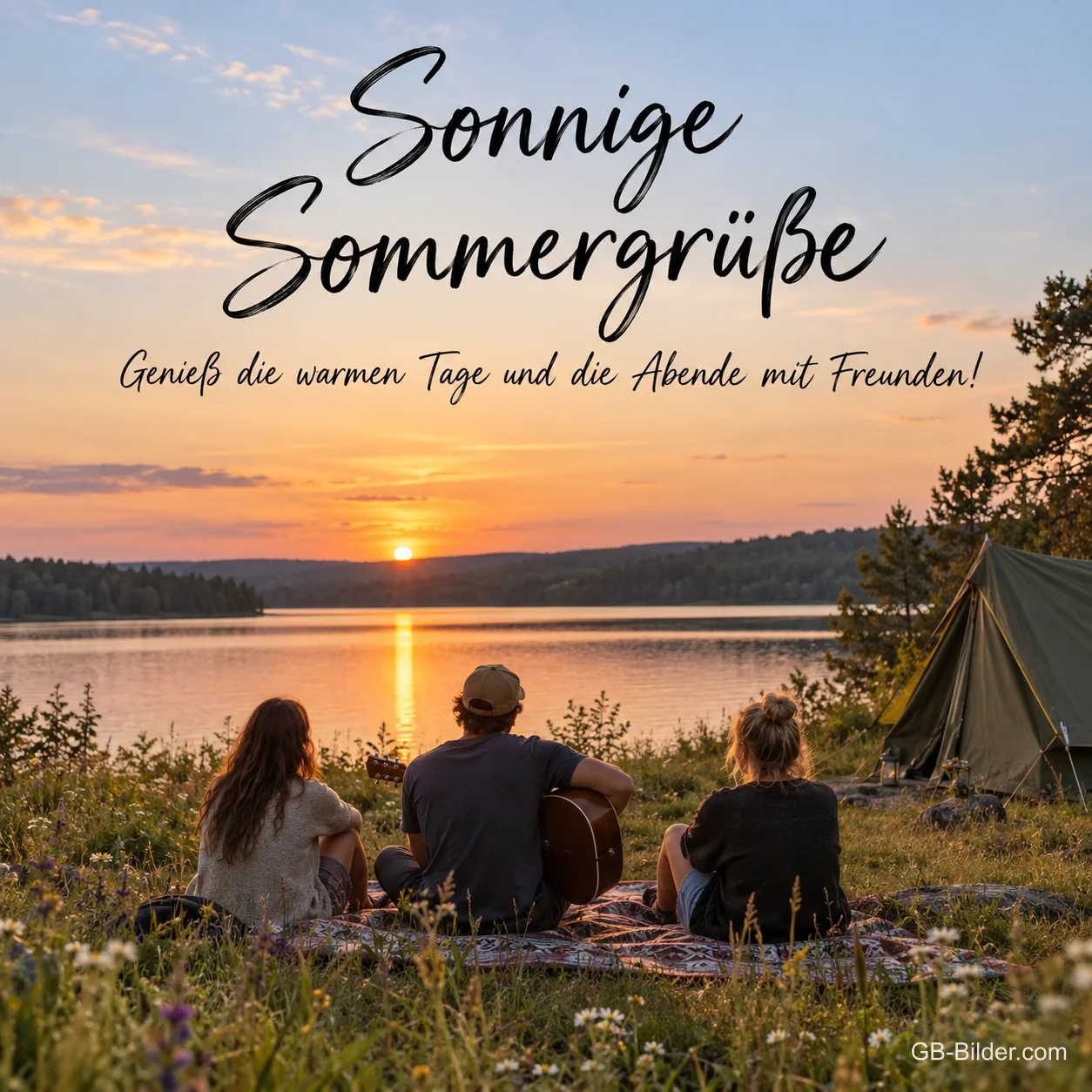 Freunde am Zelt am See, Text: Sonnige Sommergrüße Freunde am Zelt am See, Text: Sonnige Sommergrüße