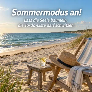 Liegestuhl mit Strohhut am Strand, lustiger Text: Sommermodus an!