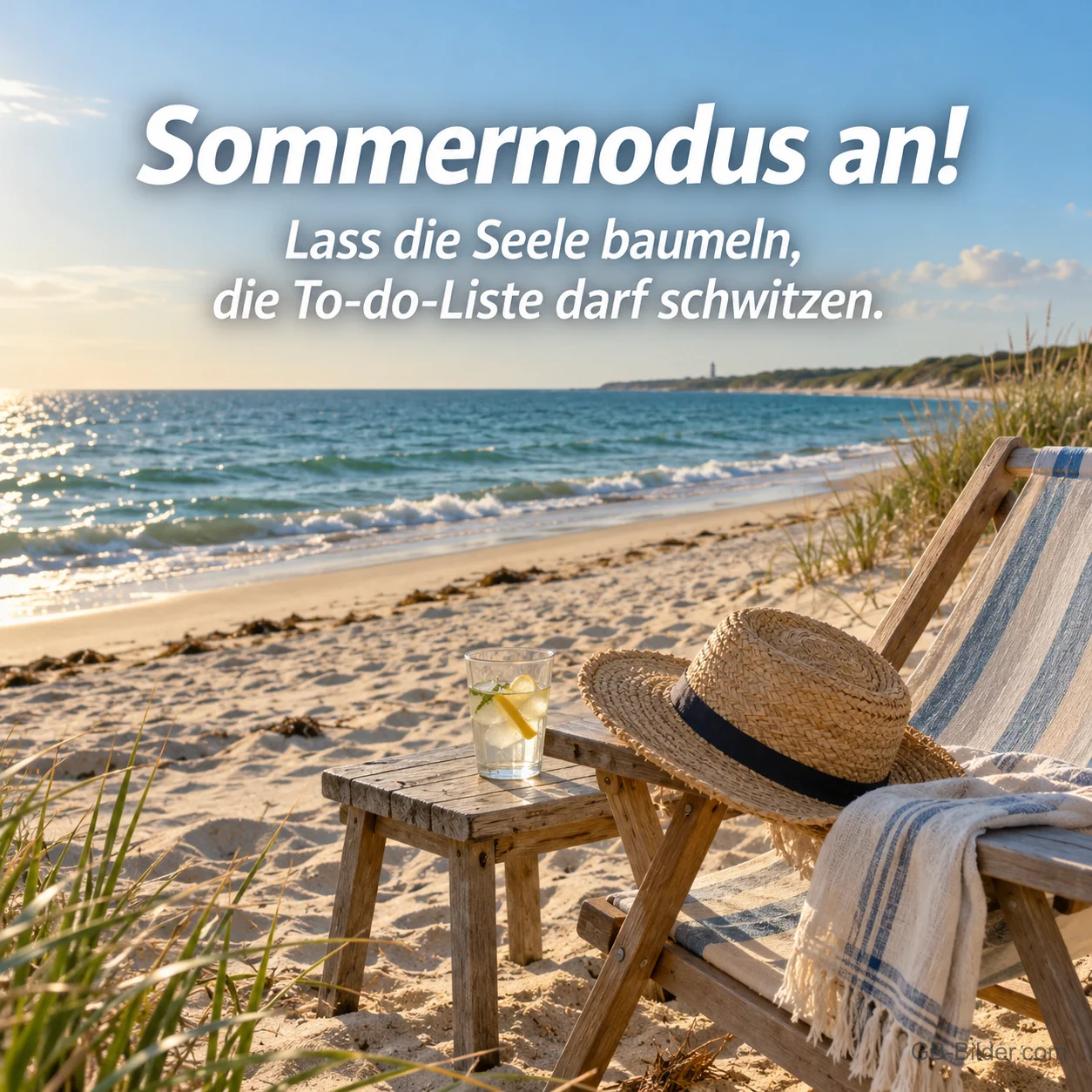 Liegestuhl mit Strohhut am Strand, lustiger Text: Sommermodus an! Liegestuhl mit Strohhut am Strand, lustiger Text: Sommermodus an!
