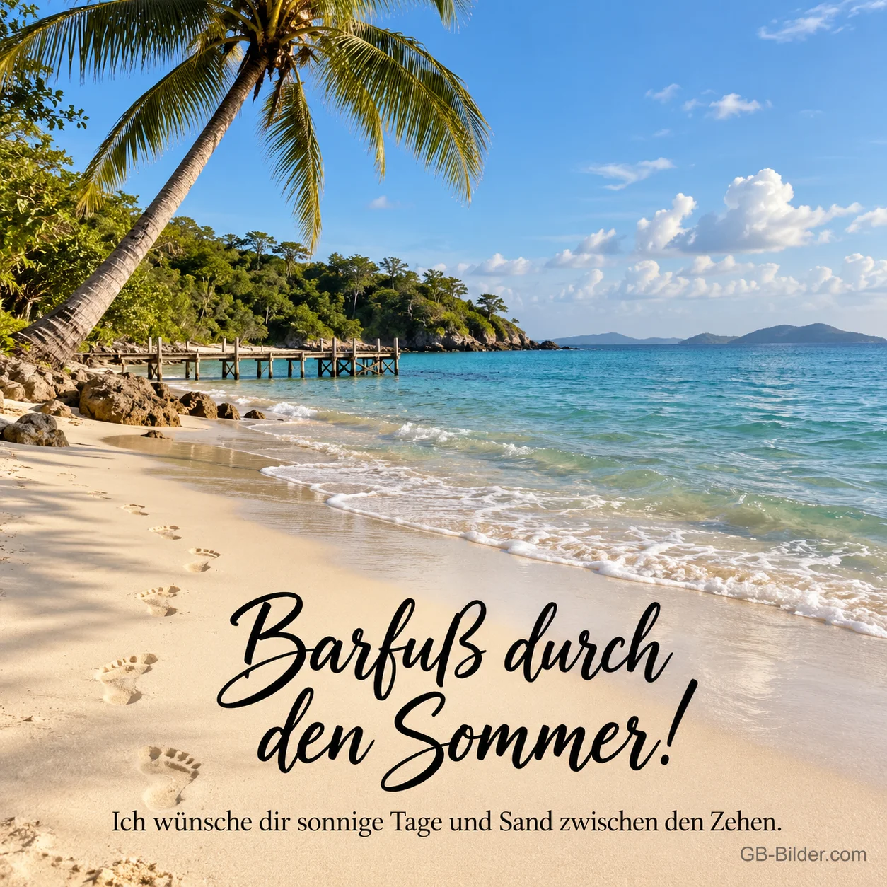 Fußspuren am Strand, Text: Barfuß durch den Sommer! Fußspuren am Strand, Text: Barfuß durch den Sommer!