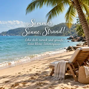 Strandliege unter Palmen, Text: Sommer, Sonne, Strand!