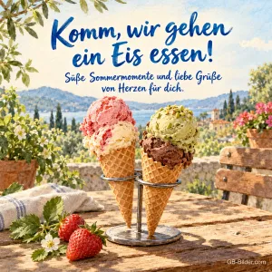Zwei Eistüten über einer Bucht, Text: Komm, wir gehen ein Eis essen!