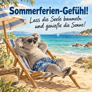 Koala im Liegestuhl am Strand, Text: Sommerferien-Gefühl