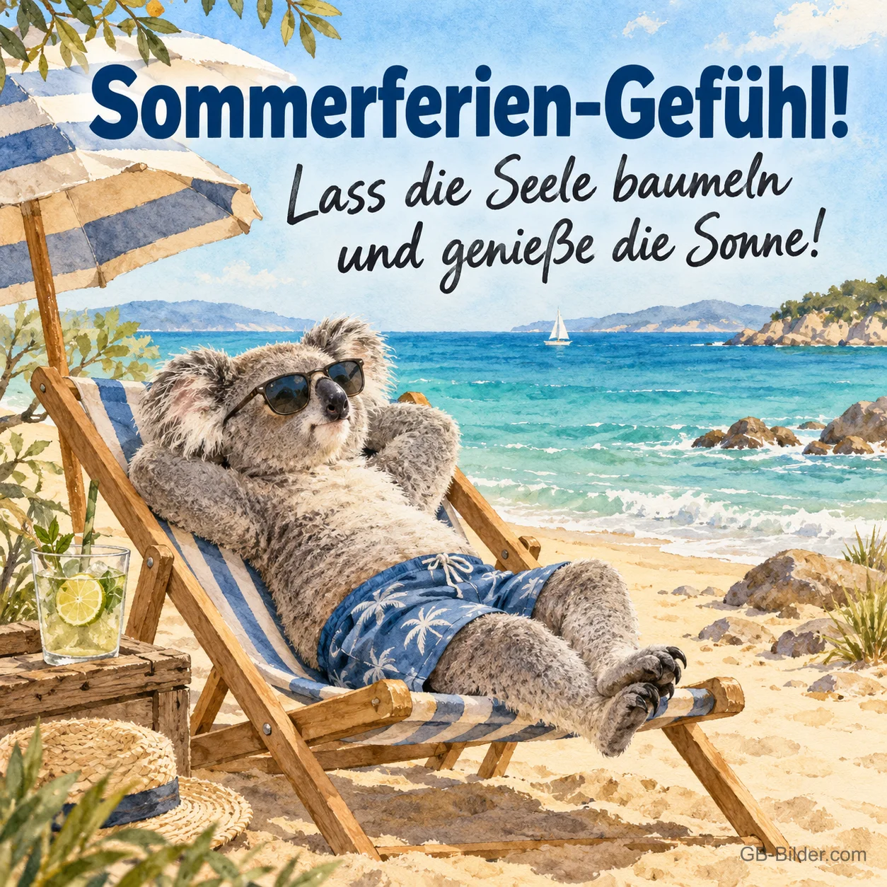Koala im Liegestuhl am Strand, Text: Sommerferien-Gefühl Koala im Liegestuhl am Strand, Text: Sommerferien-Gefühl