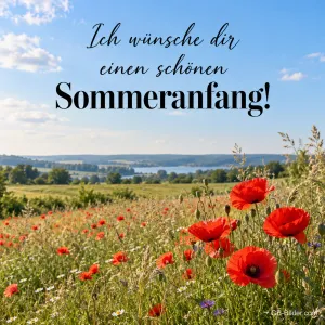 Mohnblumenwiese am See, Text: Ich wünsche dir einen schönen Sommeranfang!