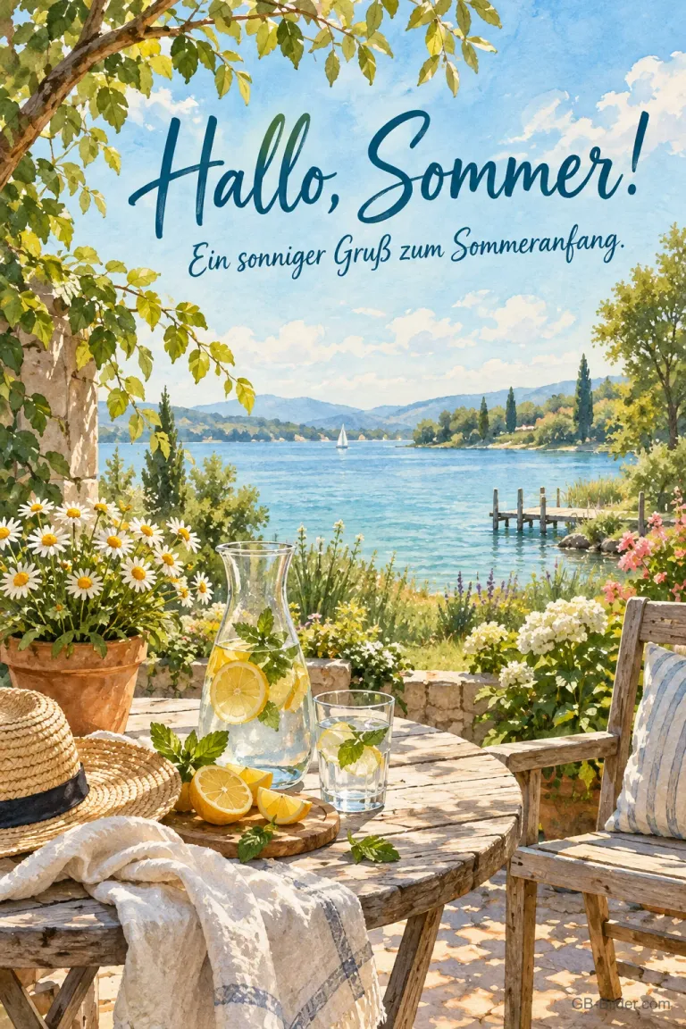 Gartentisch mit Limonade am See, Text: Hallo, Sommer! Ein sonniger Gruß zum Sommeranfang.