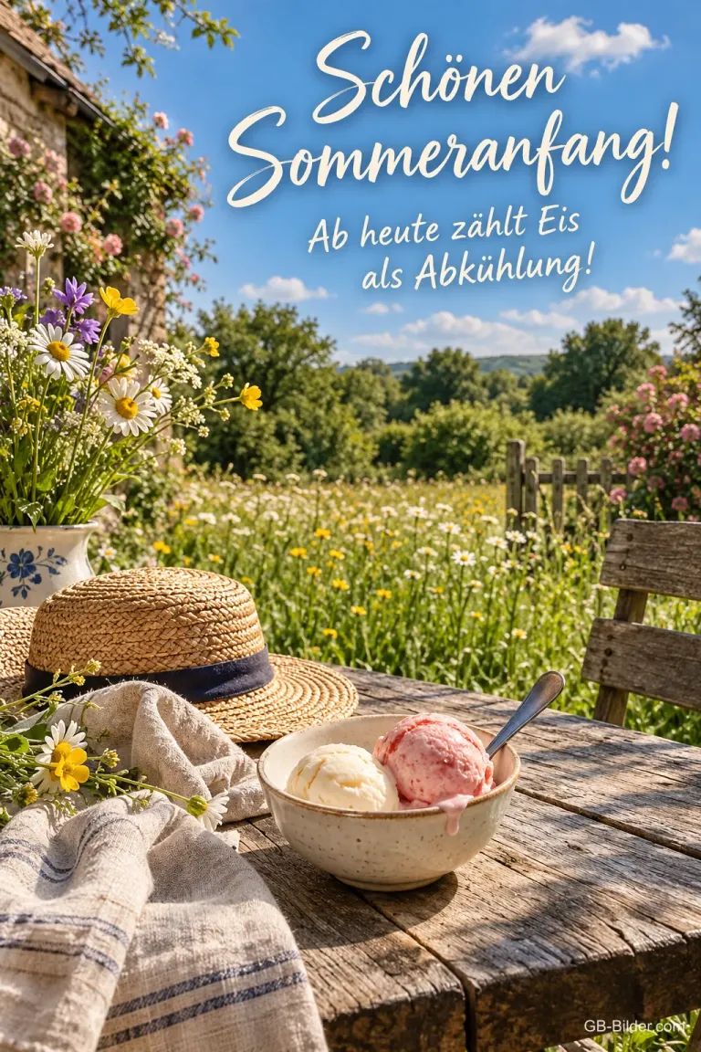 Eisschale und Strohhut im Garten, lustiger Text: Schönen Sommeranfang!