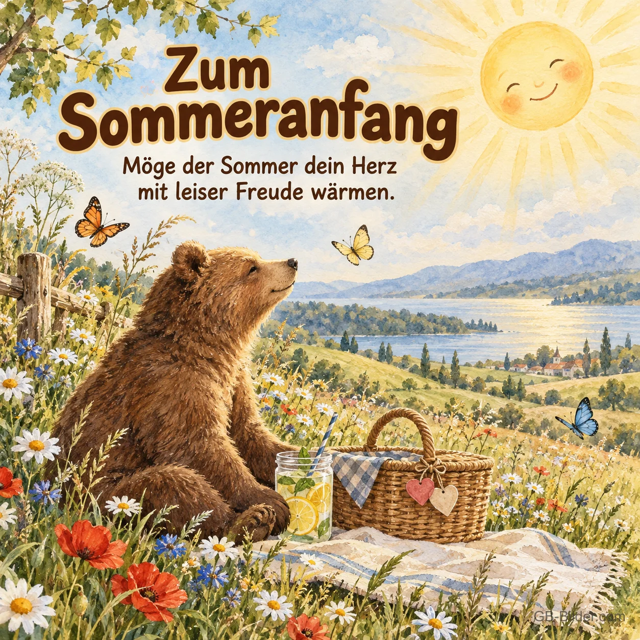 Bär mit Picknickkorb in der Blumenwiese, Text: Zum Sommeranfang Bär mit Picknickkorb in der Blumenwiese, Text: Zum Sommeranfang
