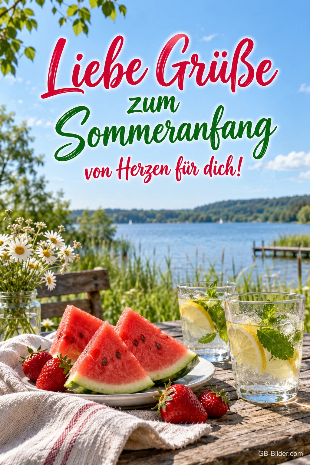 Melone und Limonade am See, Text: Liebe Grüße zum Sommeranfang Melone und Limonade am See, Text: Liebe Grüße zum Sommeranfang
