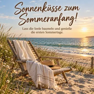 Liegestuhl in den Dünen, Text: Sonnenküsse zum Sommeranfang!