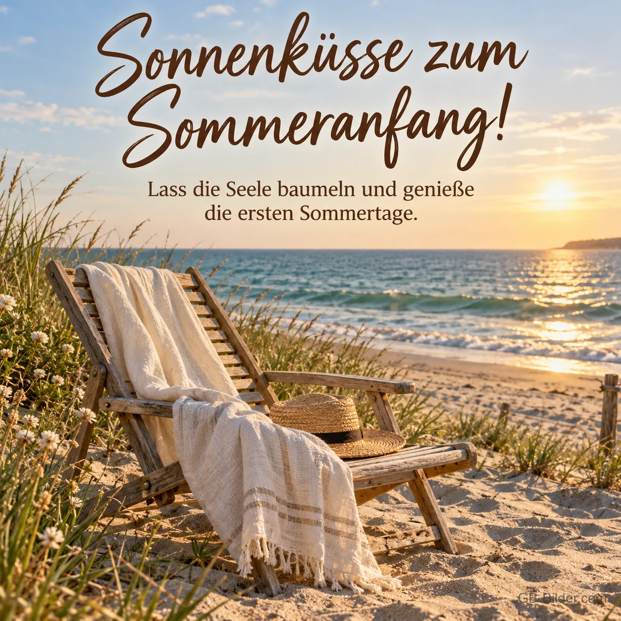 Liegestuhl in den Dünen, Text: Sonnenküsse zum Sommeranfang! Liegestuhl in den Dünen, Text: Sonnenküsse zum Sommeranfang!