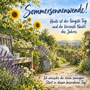 Gartenbank mit Sonnenblumen, Text: Sommersonnenwende!