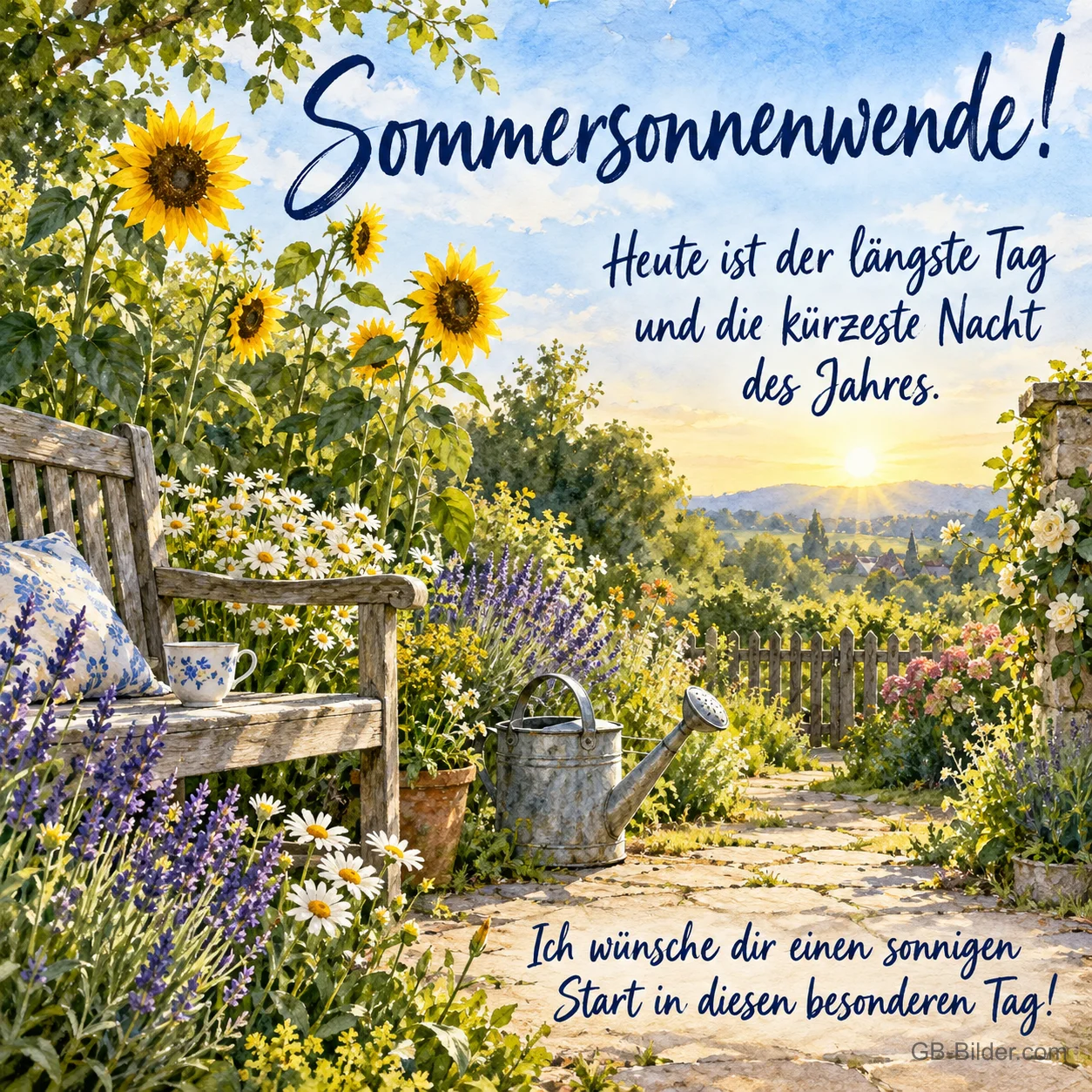 Gartenbank mit Sonnenblumen, Text: Sommersonnenwende! Gartenbank mit Sonnenblumen, Text: Sommersonnenwende!