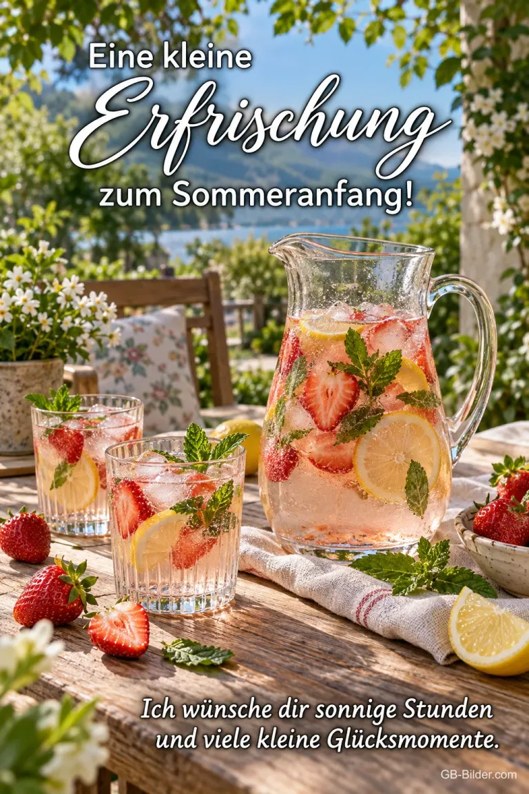 Erdbeerlimonade im Garten, Text: Eine kleine Erfrischung zum Sommeranfang!