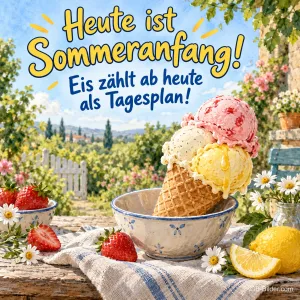 Eiswaffel mit Erdbeeren, lustiger Text: Heute ist Sommeranfang!