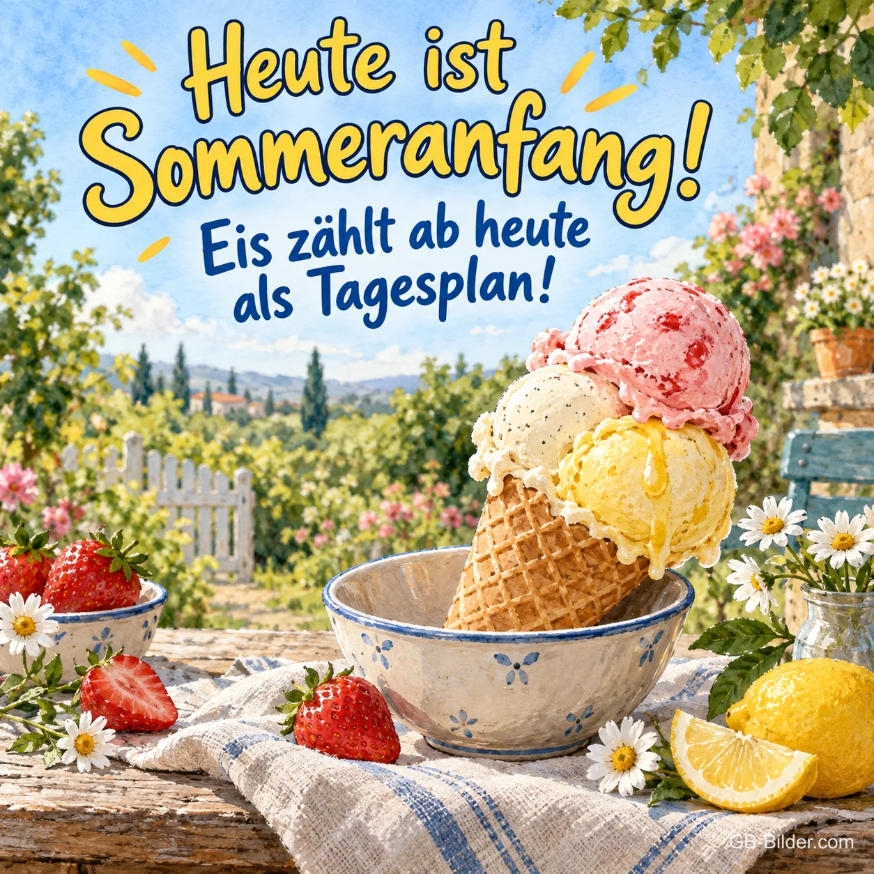 Eiswaffel mit Erdbeeren, lustiger Text: Heute ist Sommeranfang! Eiswaffel mit Erdbeeren, lustiger Text: Heute ist Sommeranfang!