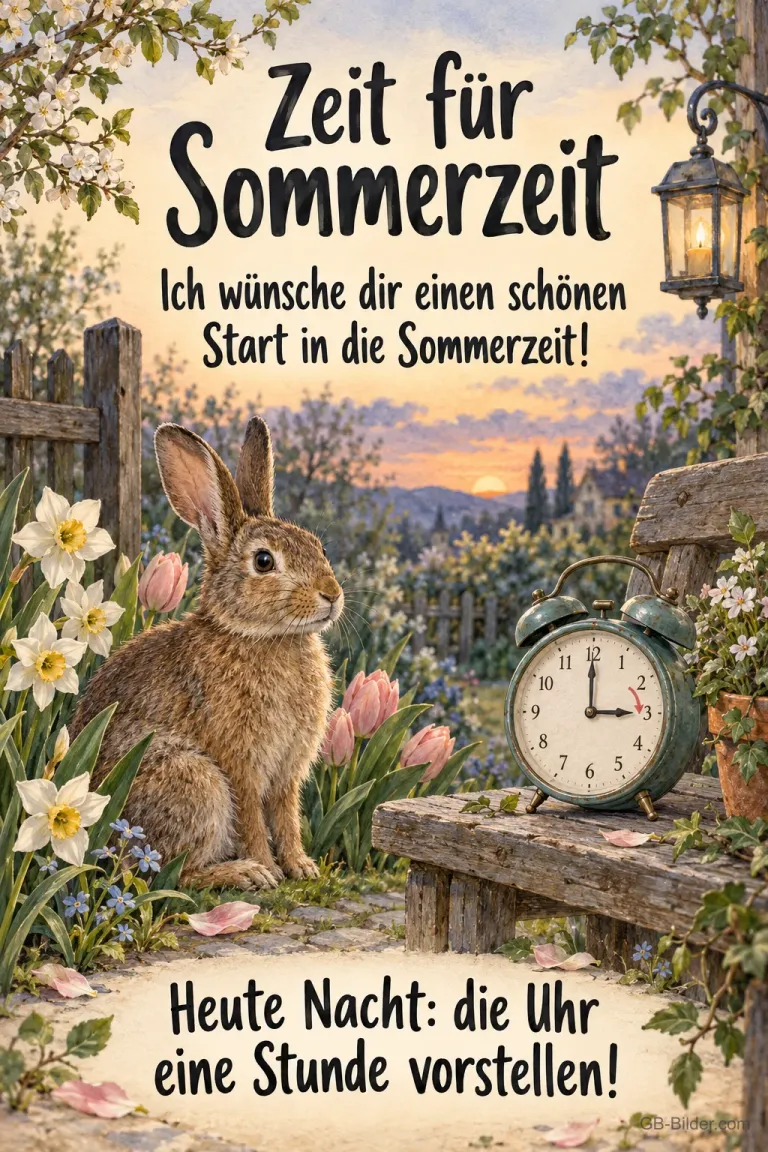 Hase neben Wecker im Frühlingsgarten, Text: Zeit für Sommerzeit