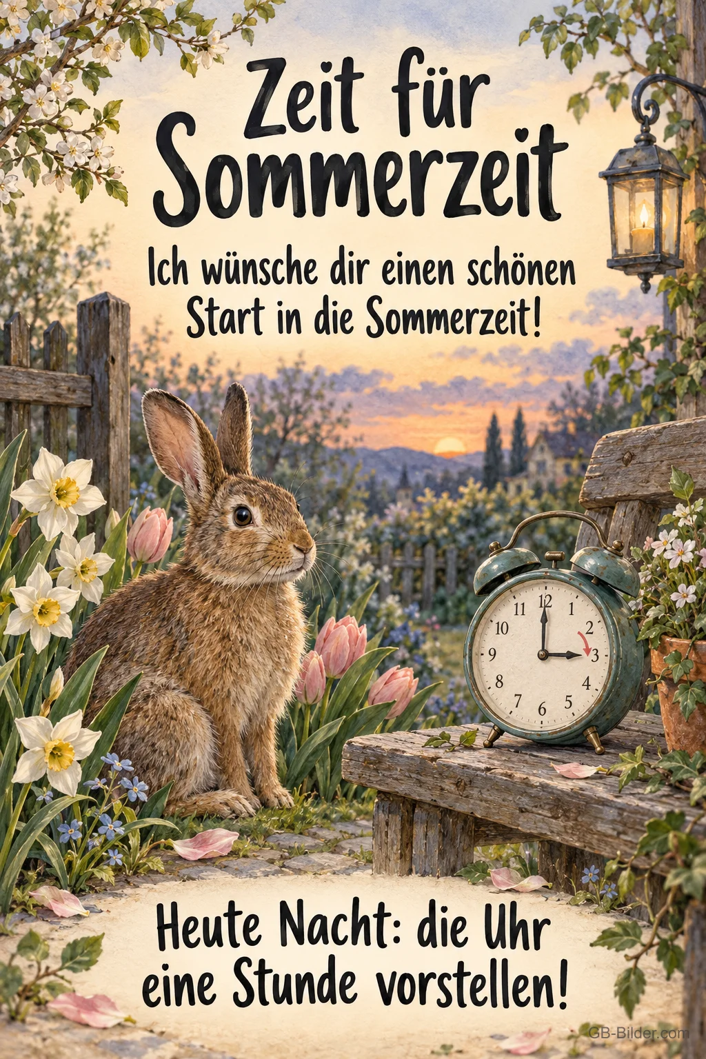 Hase neben Wecker im Frühlingsgarten, Text: Zeit für Sommerzeit