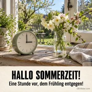 Wecker am Fenster mit Blüten, Text: Hallo Sommerzeit!