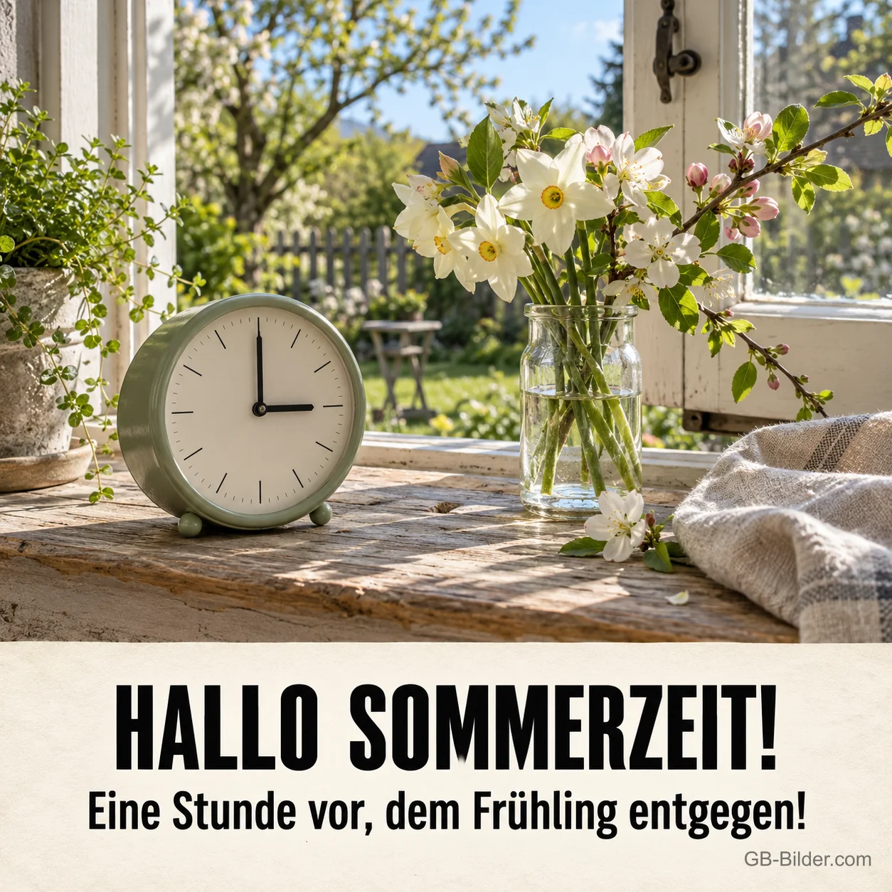 Wecker am Fenster mit Blüten, Text: Hallo Sommerzeit!