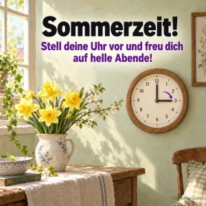 Wanduhr mit Narzissen, Text: Sommerzeit! Stell deine Uhr vor