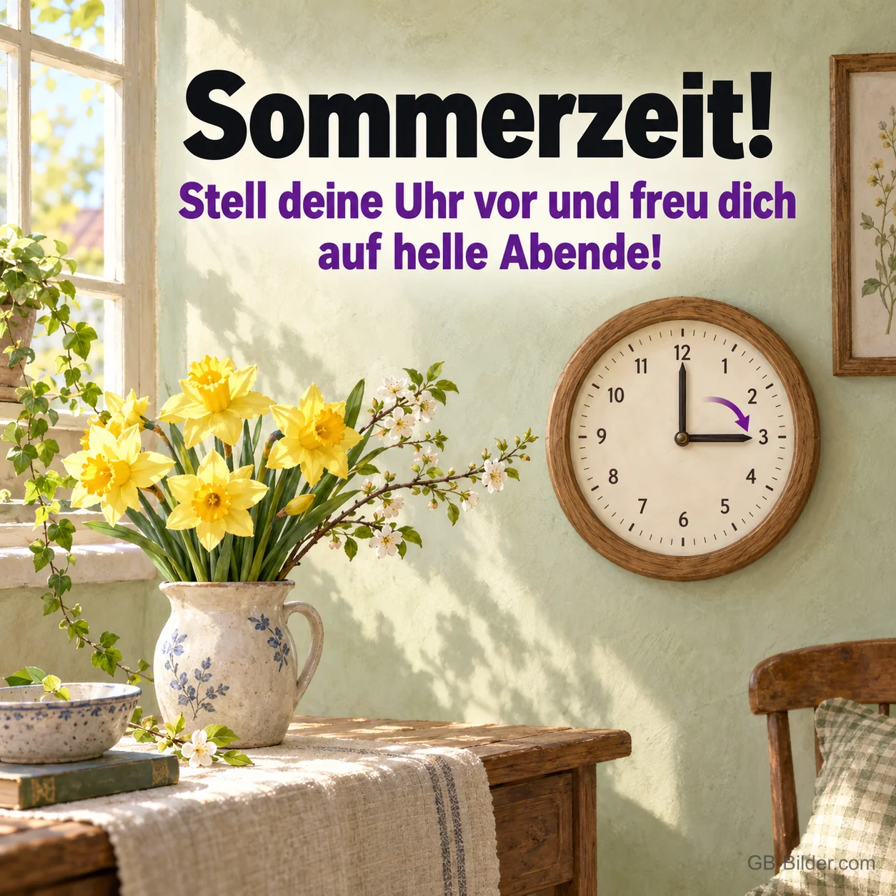 Wanduhr mit Narzissen, Text: Sommerzeit! Stell deine Uhr vor