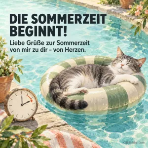 Katze im Schwimmring mit Wecker, Text: Die Sommerzeit beginnt!