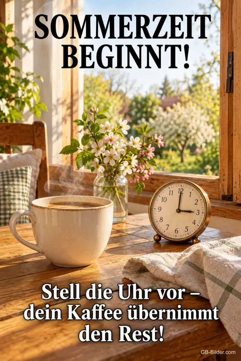 Kaffee und Wecker am Frühlingsfenster, lustiger Text: Stell die Uhr vor – dein Kaffee übernimmt den Rest!