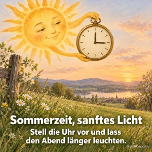 Sonne mit Taschenuhr über einer Landschaft, Text: Sommerzeit, sanftes Licht