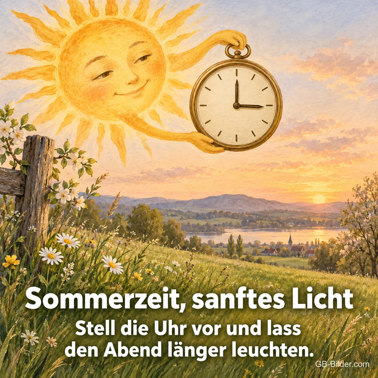 Sonne mit Taschenuhr über einer Landschaft, Text: Sommerzeit, sanftes Licht