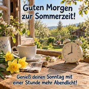 Wecker und Kaffee am Fenster, Text: Guten Morgen zur Sommerzeit!