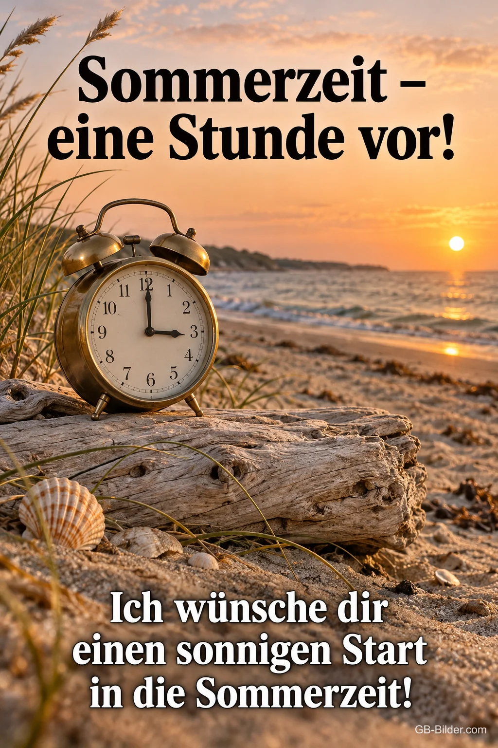 Wecker auf Treibholz am Strand, Text: Sommerzeit – eine Stunde vor!