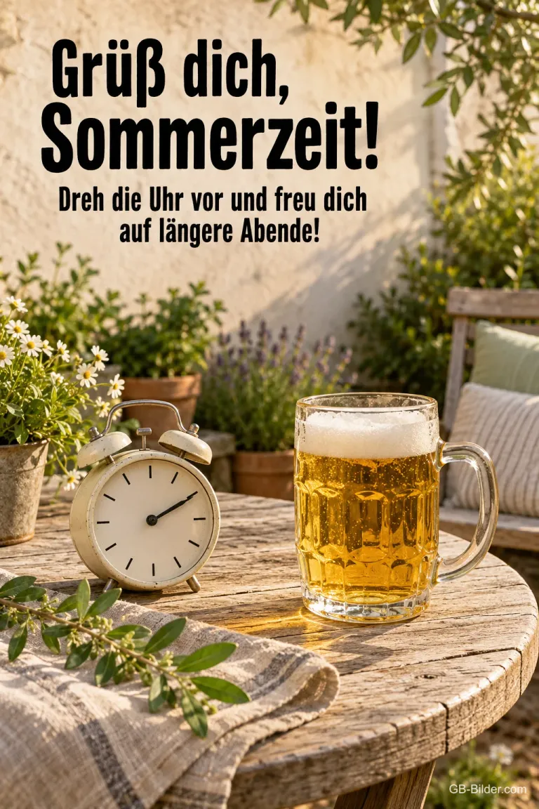 Wecker und Bierkrug im Garten, Text: Grüß dich, Sommerzeit!