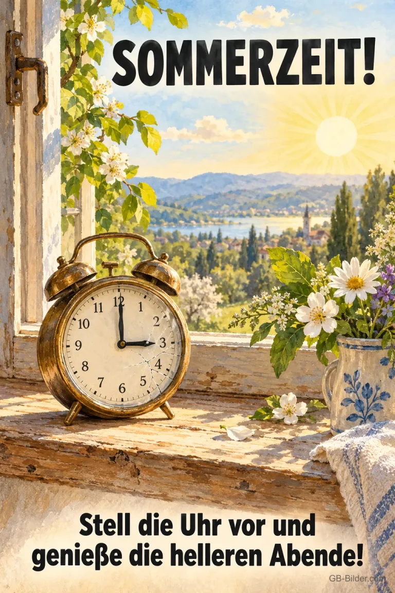 Wecker am Fenster, Text: Sommerzeit! Stell die Uhr vor