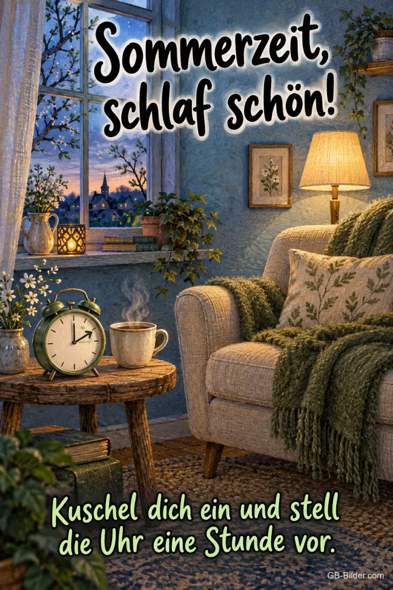 Gemütlicher Sessel mit Wecker am Abend, Text: Sommerzeit, schlaf schön!
