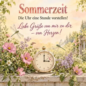 Wecker zwischen Blumen und Libellen, Text: Sommerzeit – Die Uhr eine Stunde vorstellen!