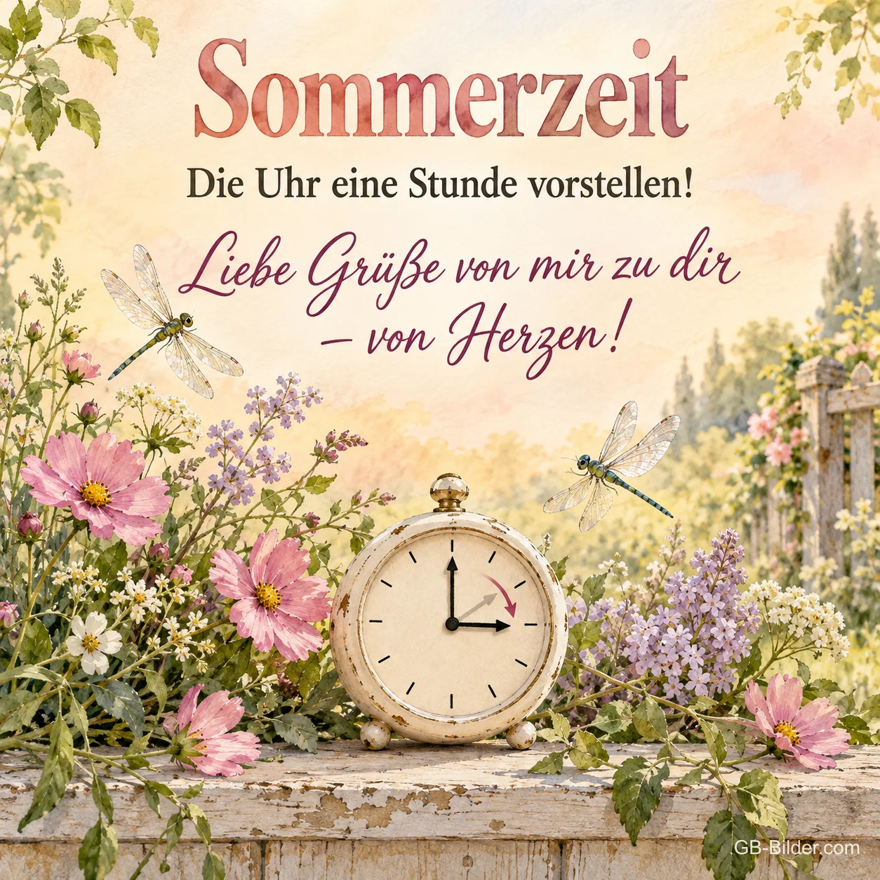 Wecker zwischen Blumen und Libellen, Text: Sommerzeit – Die Uhr eine Stunde vorstellen!
