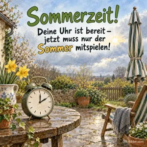 Wecker auf nassem Gartentisch, lustiger Text: Sommerzeit! Jetzt muss nur der Sommer mitspielen!