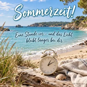 Wecker auf Treibholz am Strand, Text: Sommerzeit! Eine Stunde vor