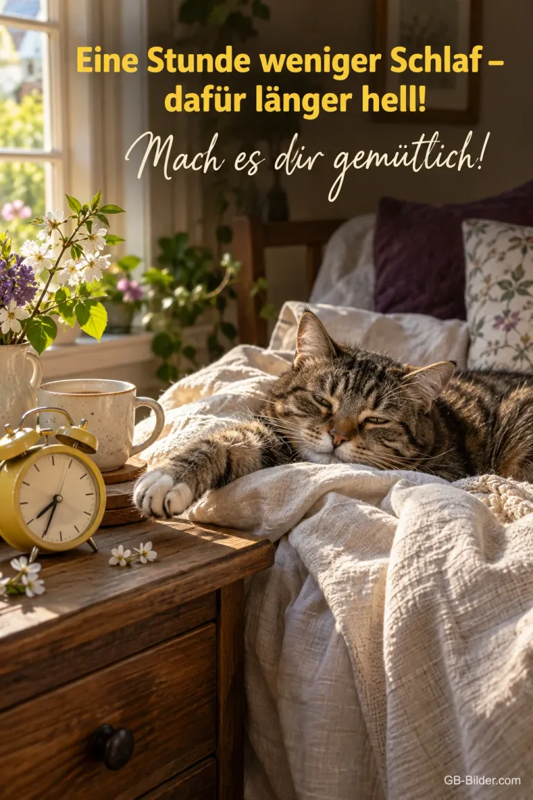 Schlafende Katze neben Wecker, Text: Eine Stunde weniger Schlaf