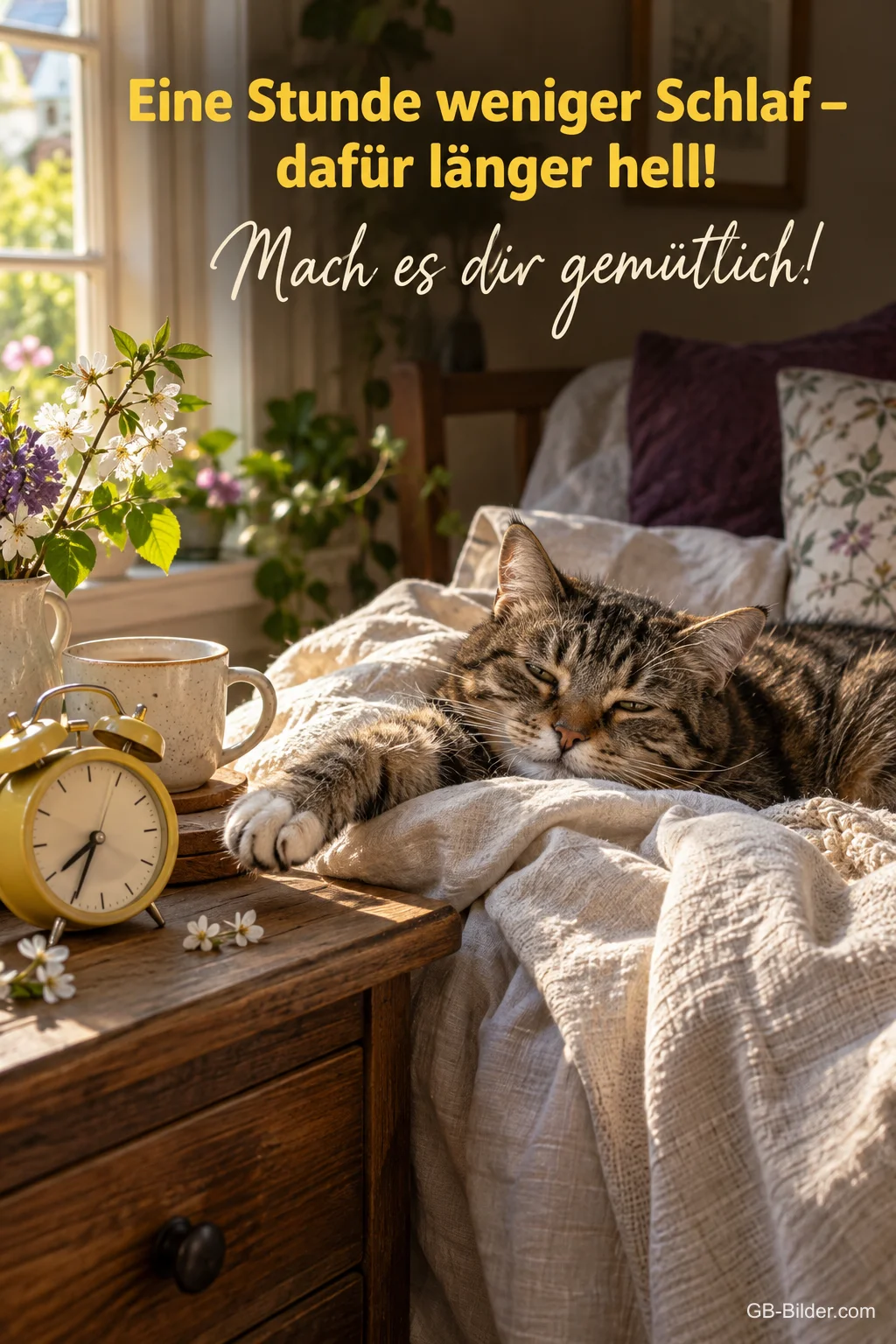 Schlafende Katze neben Wecker, Text: Eine Stunde weniger Schlaf