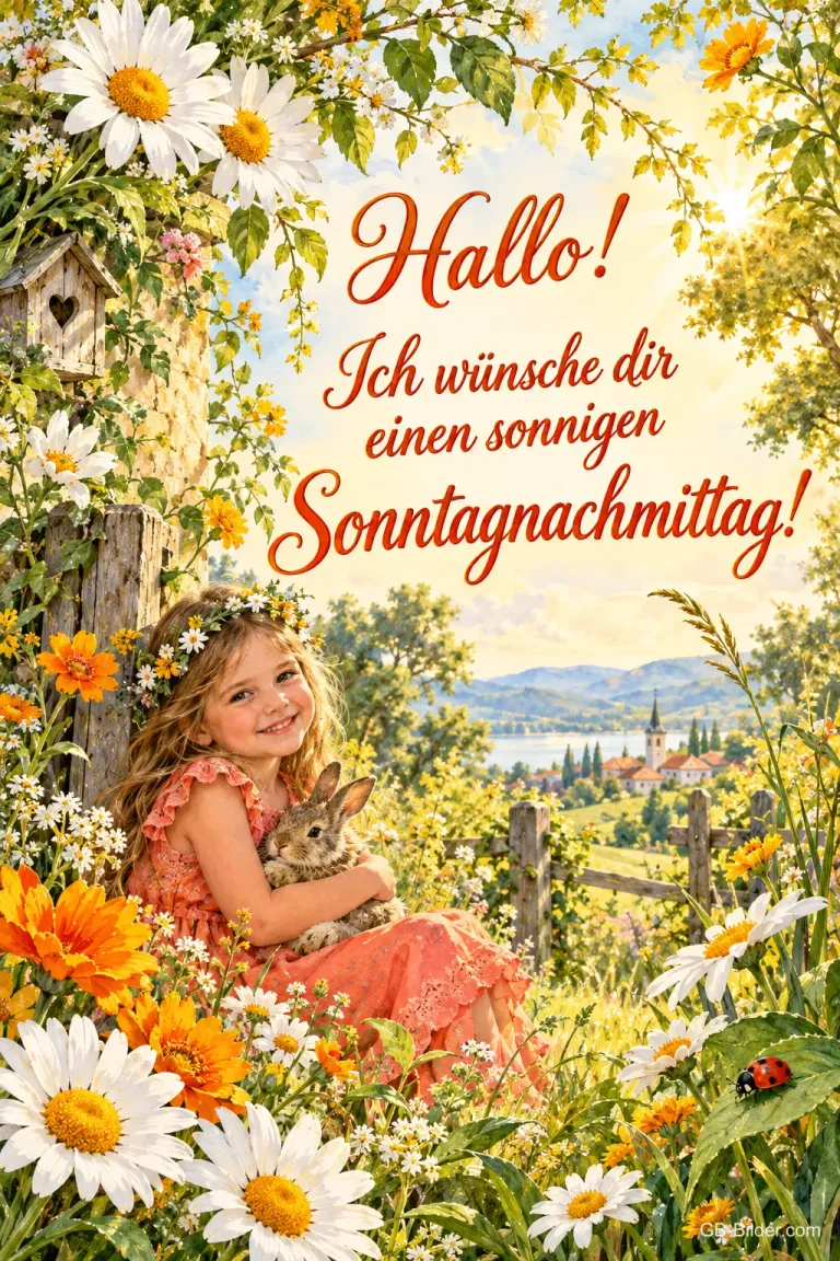 Mädchen mit Blumenkranz hält einen Hasen zwischen Margeriten, Text: Hallo! – Ich wünsche dir einen sonnigen Sonntagnachmittag!