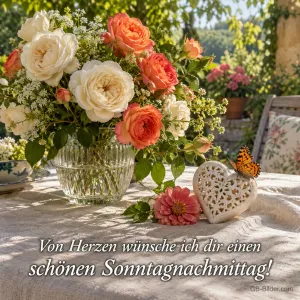 Rosenstrauß und Spitzenherz mit Schmetterling auf einem Gartentisch, Text: Von Herzen wünsche ich dir einen – schönen Sonntagnachmittag!
