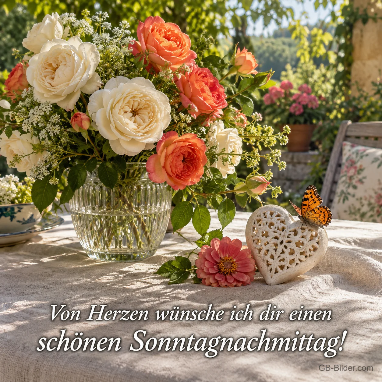 Rosenstrauß und Spitzenherz mit Schmetterling auf einem Gartentisch, Text: Von Herzen wünsche ich dir einen – schönen Sonntagnachmittag!