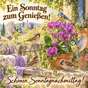 Meisen und Spatzen um Orchideen auf einer Gartenbank, Text: Ein Sonntag zum Genießen! – Schönen Sonntagnachmittag!